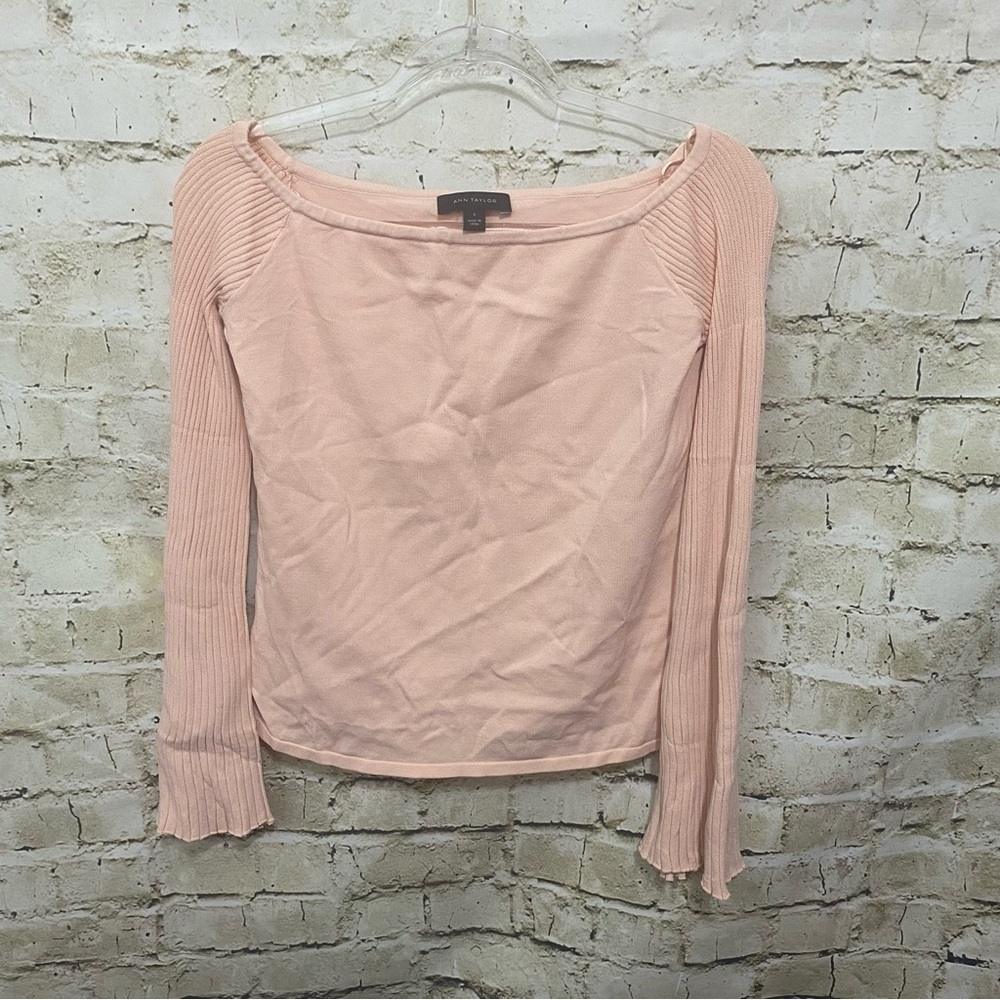 Ann Taylor Peach Ribbed Stretch Bell Sleeve Top